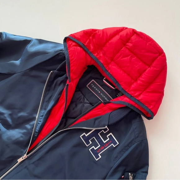 TOMMY HILFIGER Logo-Embroidered Quilted Navy Red Bomber Jacket Down Lining Small - Picture 2 of 16